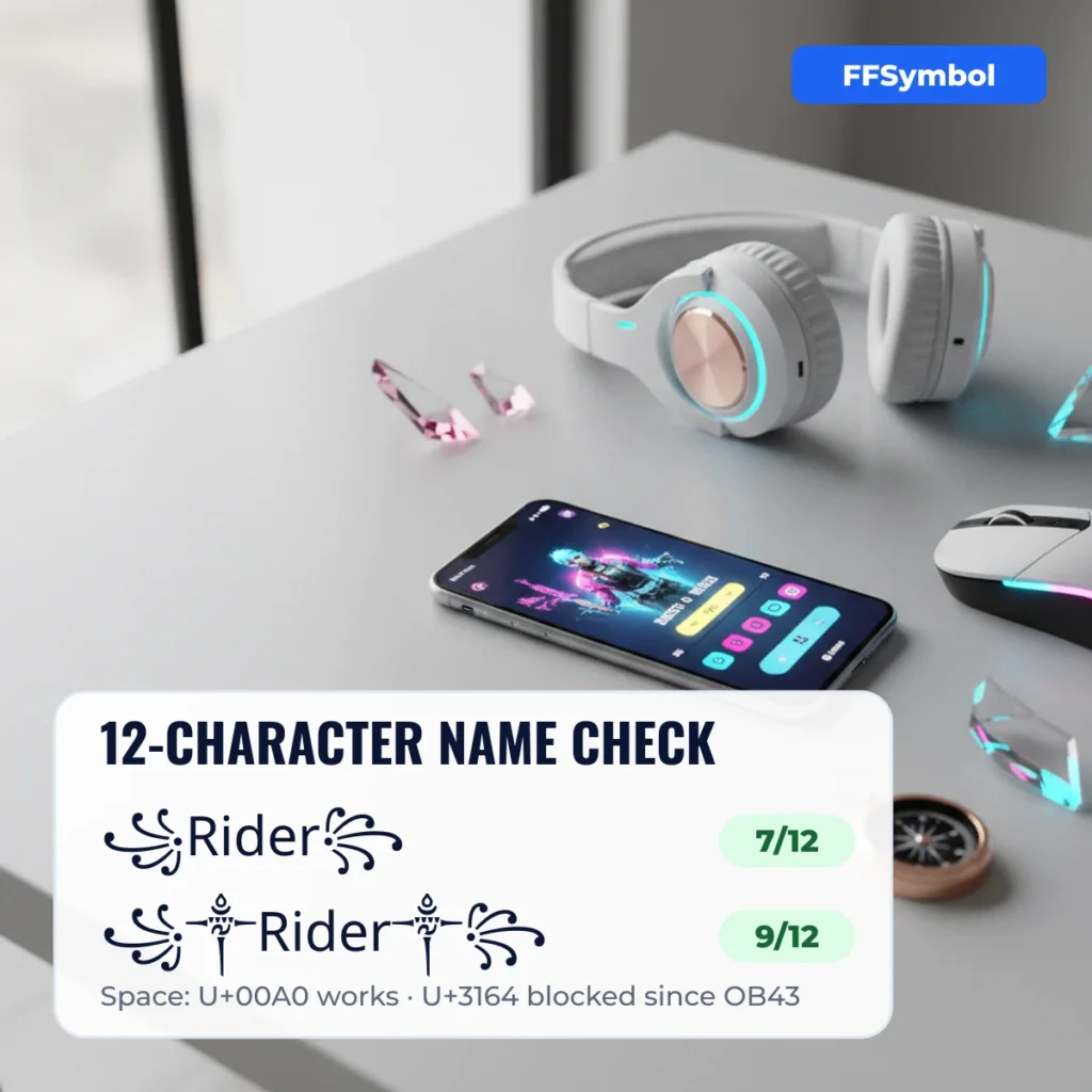 Free Fire name symbols 12-character check: ꧁Rider꧂ is 7 of 12 characters